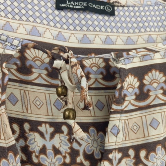 LANCE CADE Boho Ruffle Trim Balloon Sleeved Tie Front Mixed Print Dress Large - Picture 4 of 5